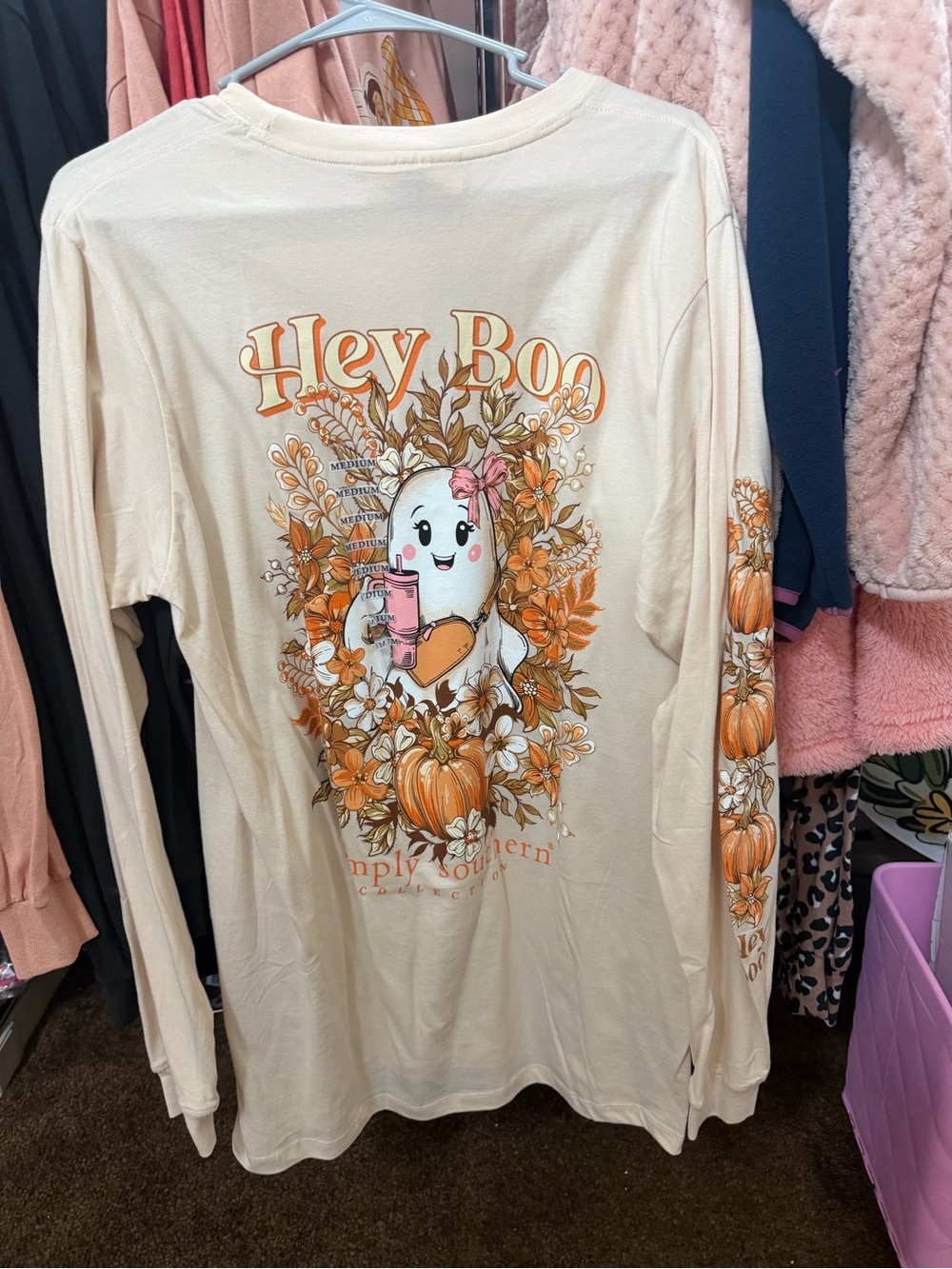 Simply Southern Cream Long-Sleeve Tee with Hey Boo Ghost and Orange Floral